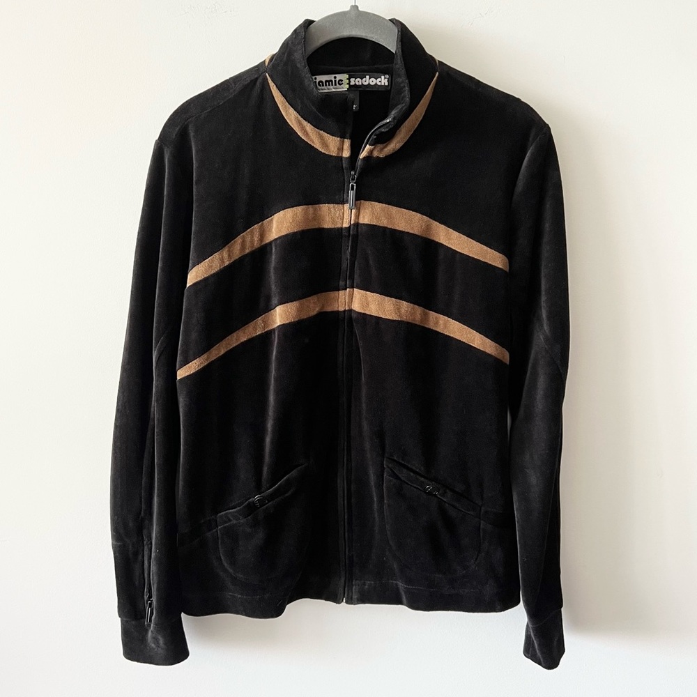 Jamie Sadock Velour Zip Up Jacket Golf Black Tan Pockets